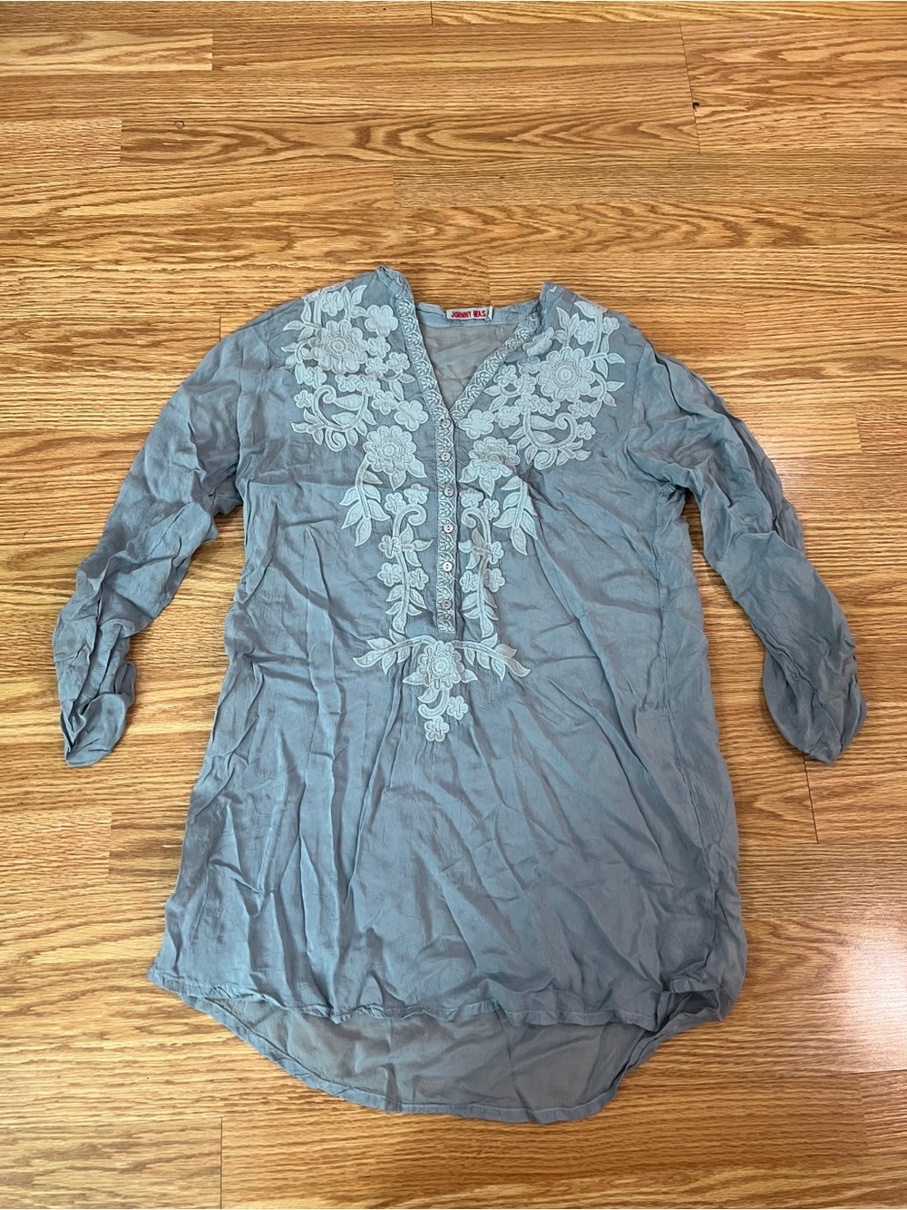 Johnny Was Light Blue Embroidered V-Neck Tunic